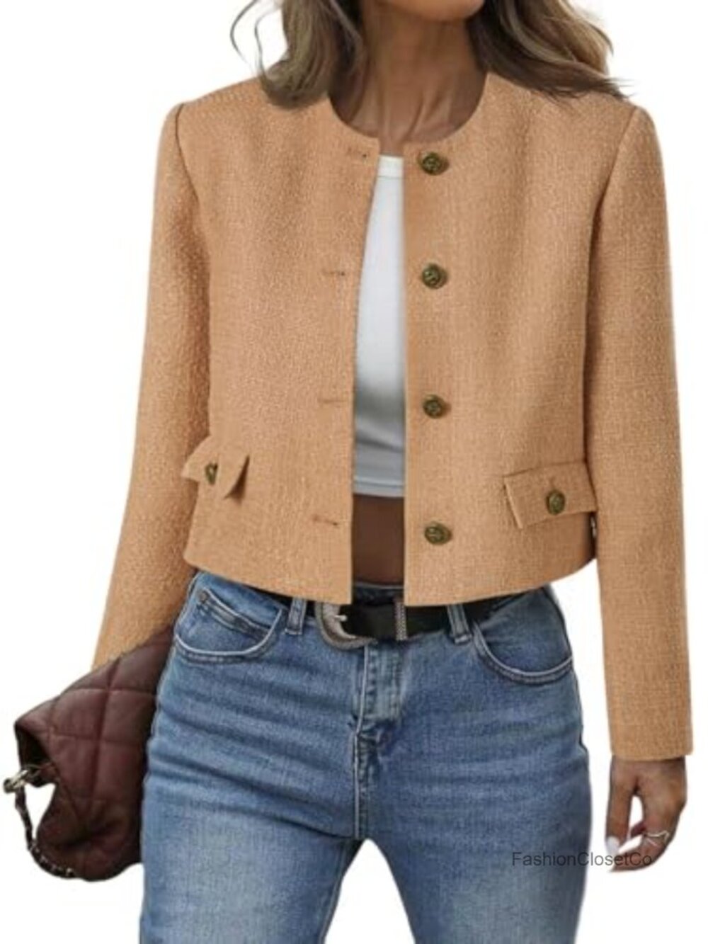 Cropped Tweed Blazer Collarless Button Down Bomber Jacket